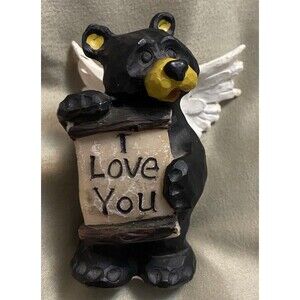 Young Black Bear Cub Figurine Angel Wings Holding “I Love You” Sign 2.5 in Tall